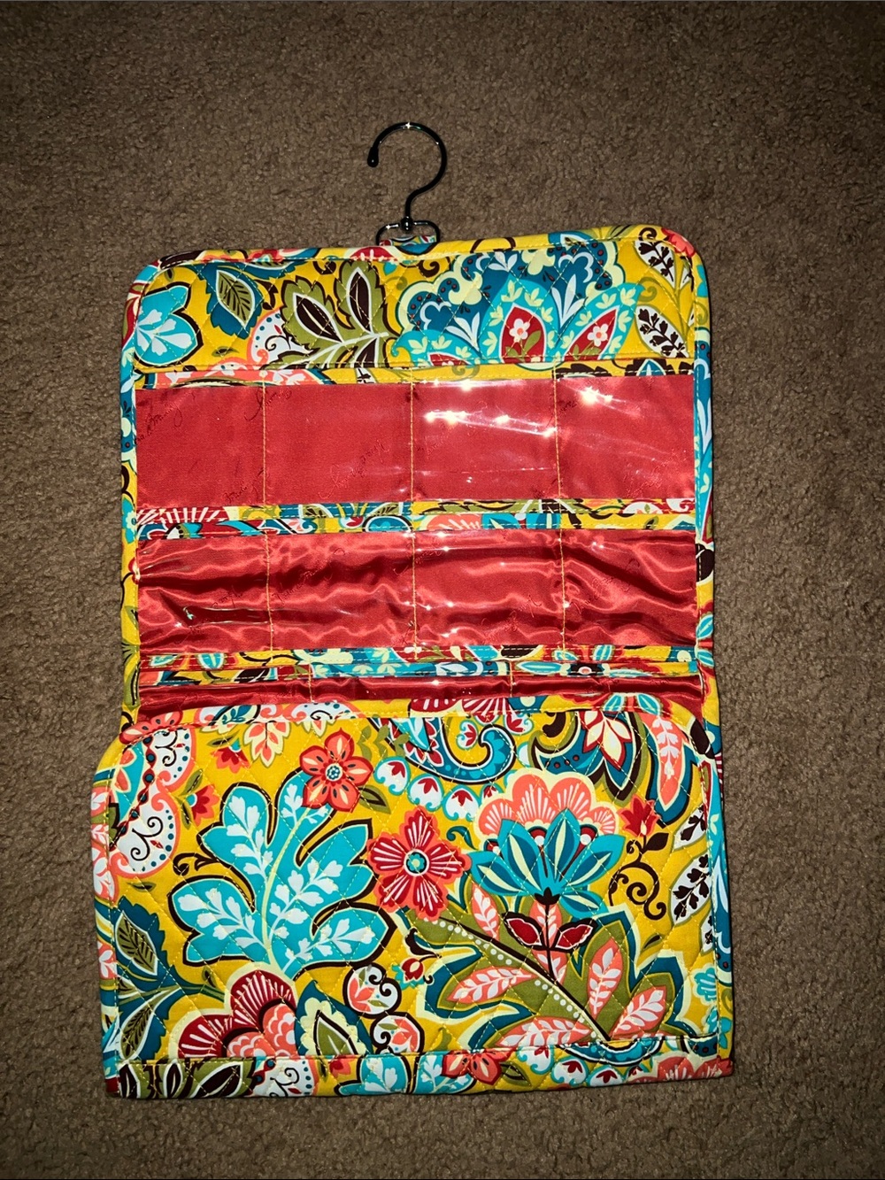 Vera Bradley Yellow Floral Hanging Jewelry Organizer with Red Interior